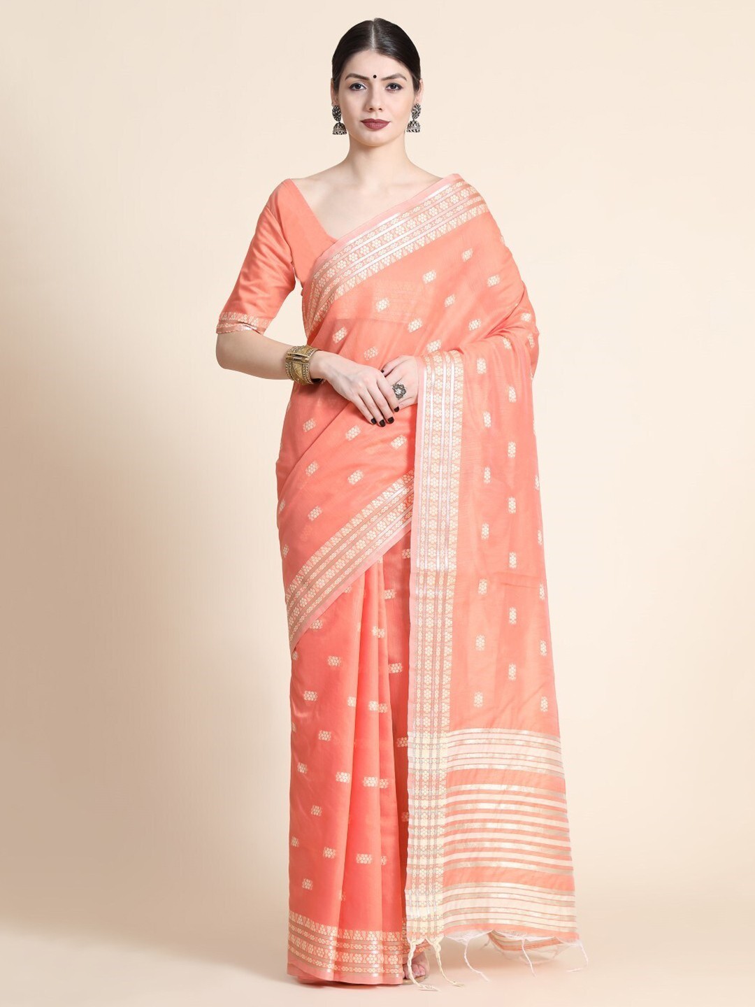 

VISHNU WEAVES Ethnic Motif Woven Design Zari Pure Cotton Saree, Orange