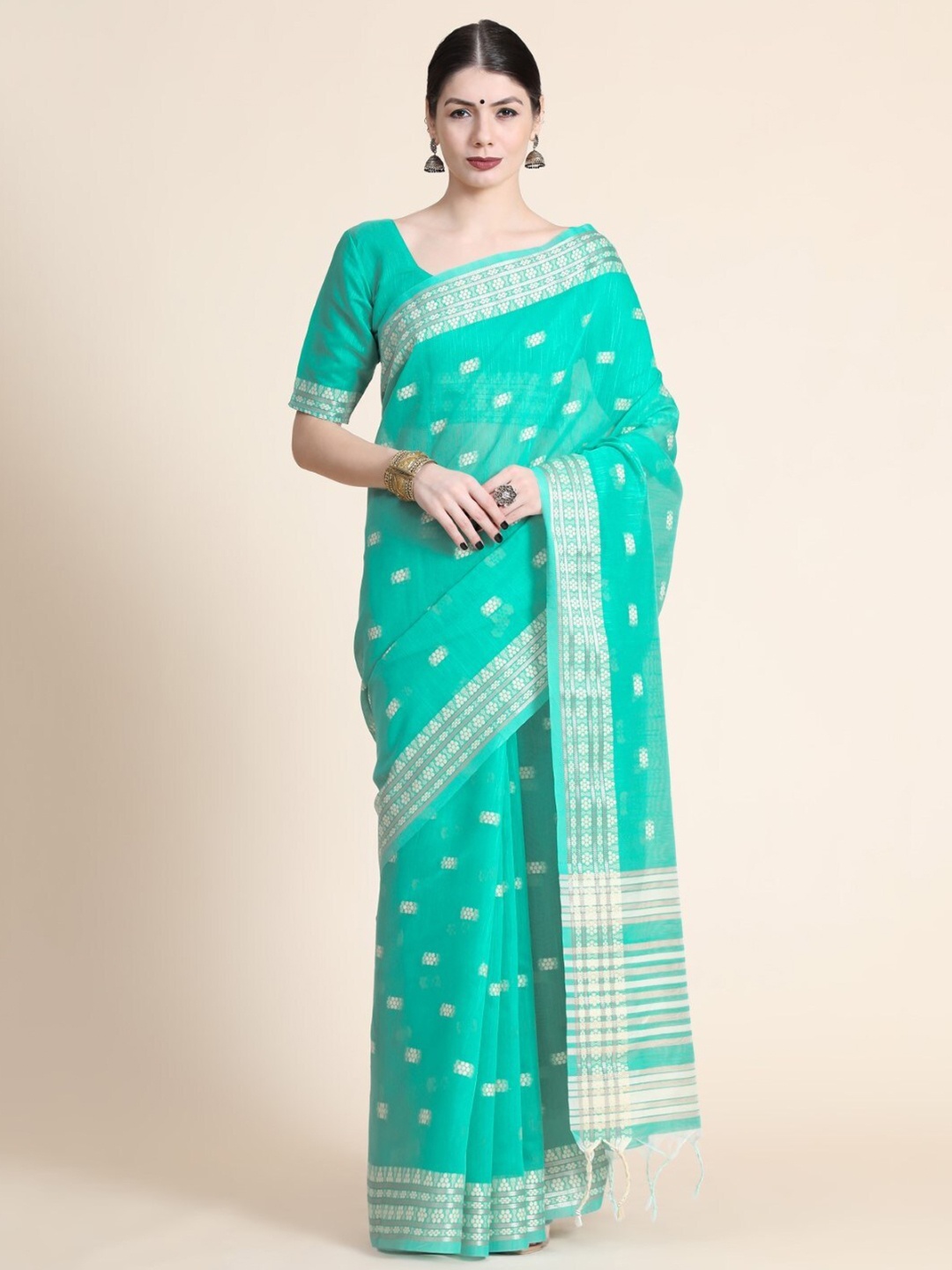 

VISHNU WEAVES Ethnic Motif Chikankari Pure Cotton Saree, Sea green
