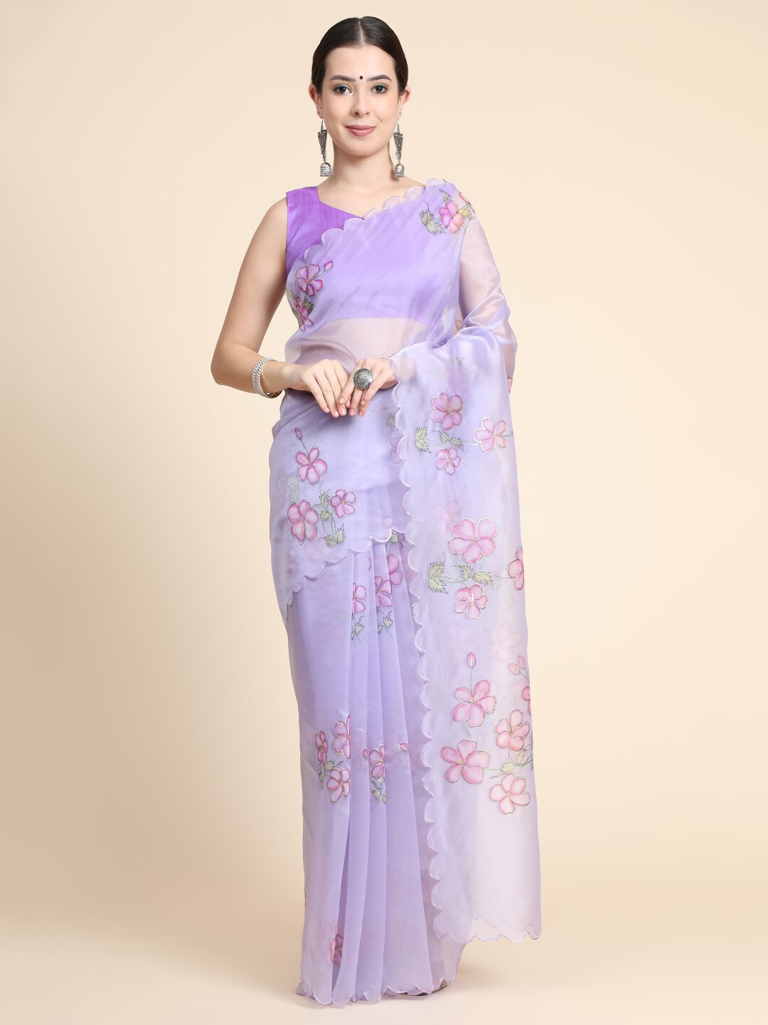 

VISHNU WEAVES Floral Printed Organza Banarasi Saree, Lavender