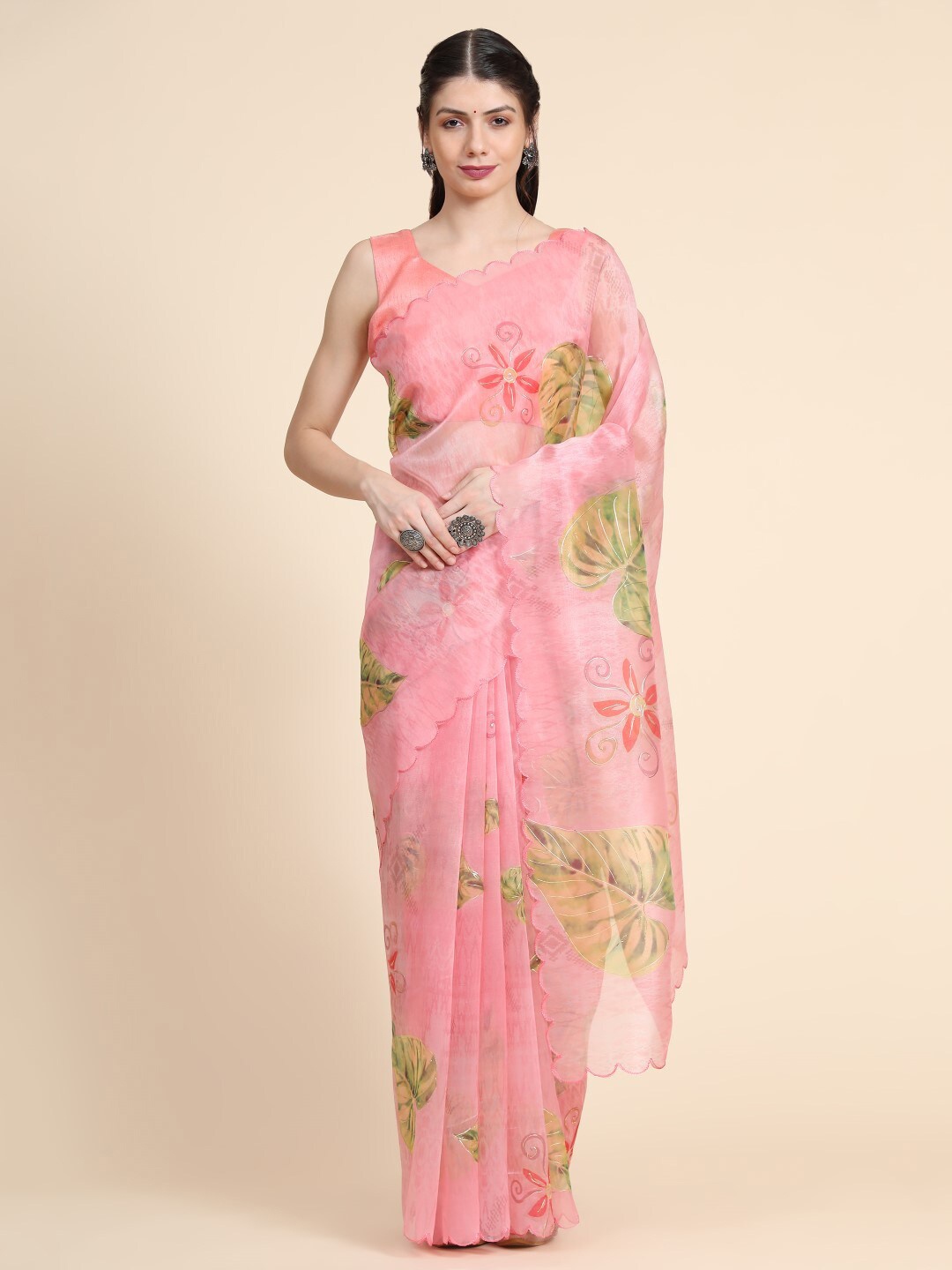

VISHNU WEAVES Floral Printed Organza Banarasi Saree, Peach
