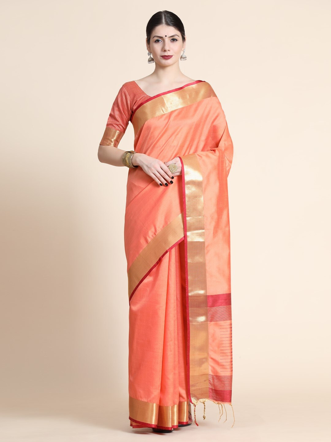 

VISHNU WEAVES Zari Mysore Silk Saree With Tassels, Orange