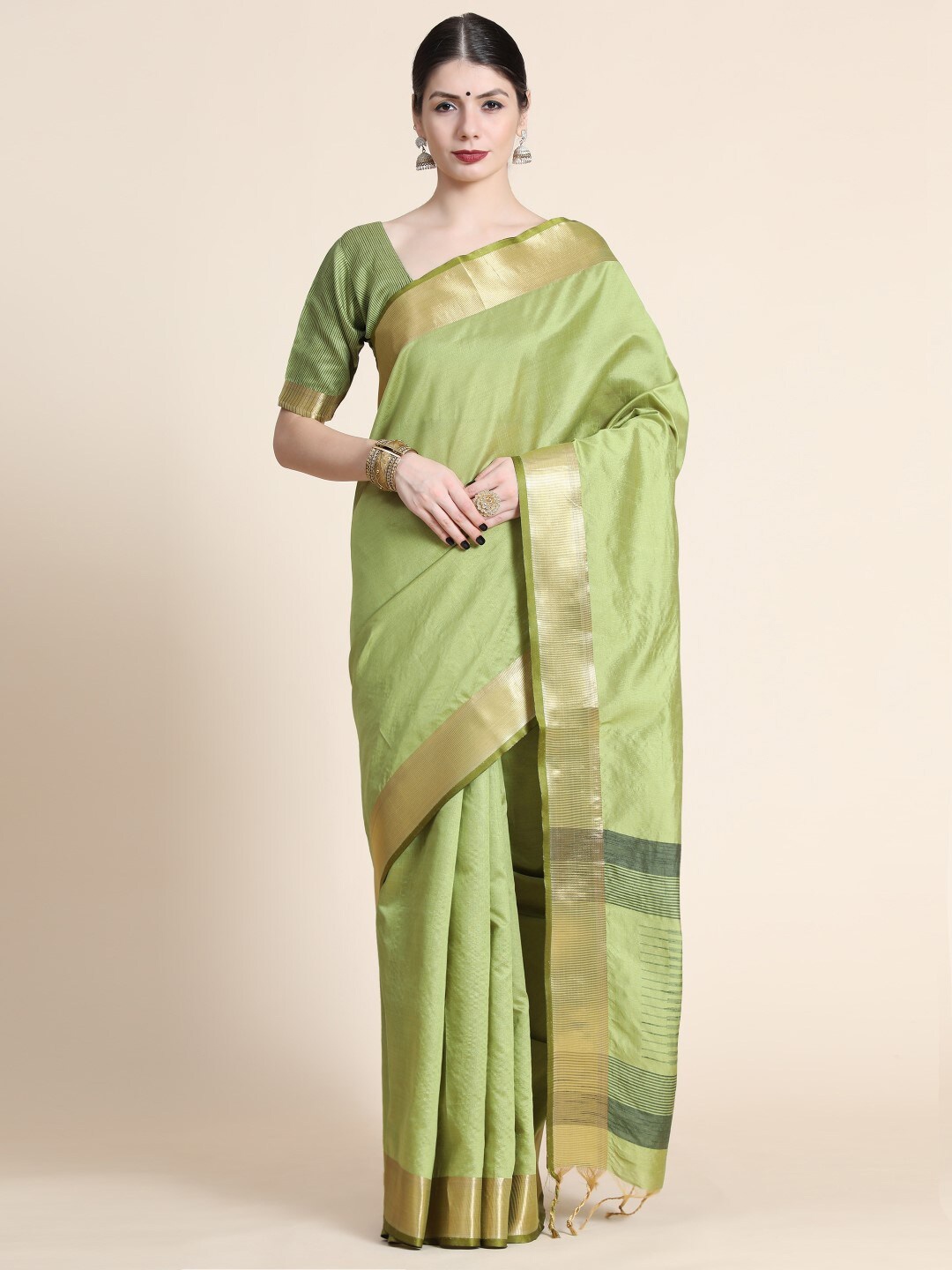 

VISHNU WEAVES Zari Mysore Silk Saree With Tassels, Olive