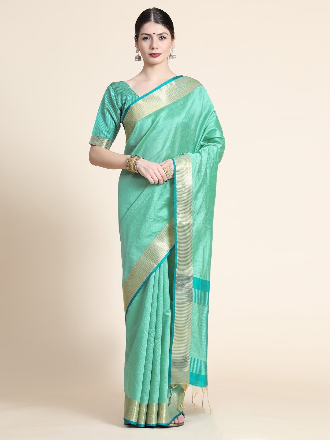 

VISHNU WEAVES Zari Mysore Silk Saree With Tassels, Sea green