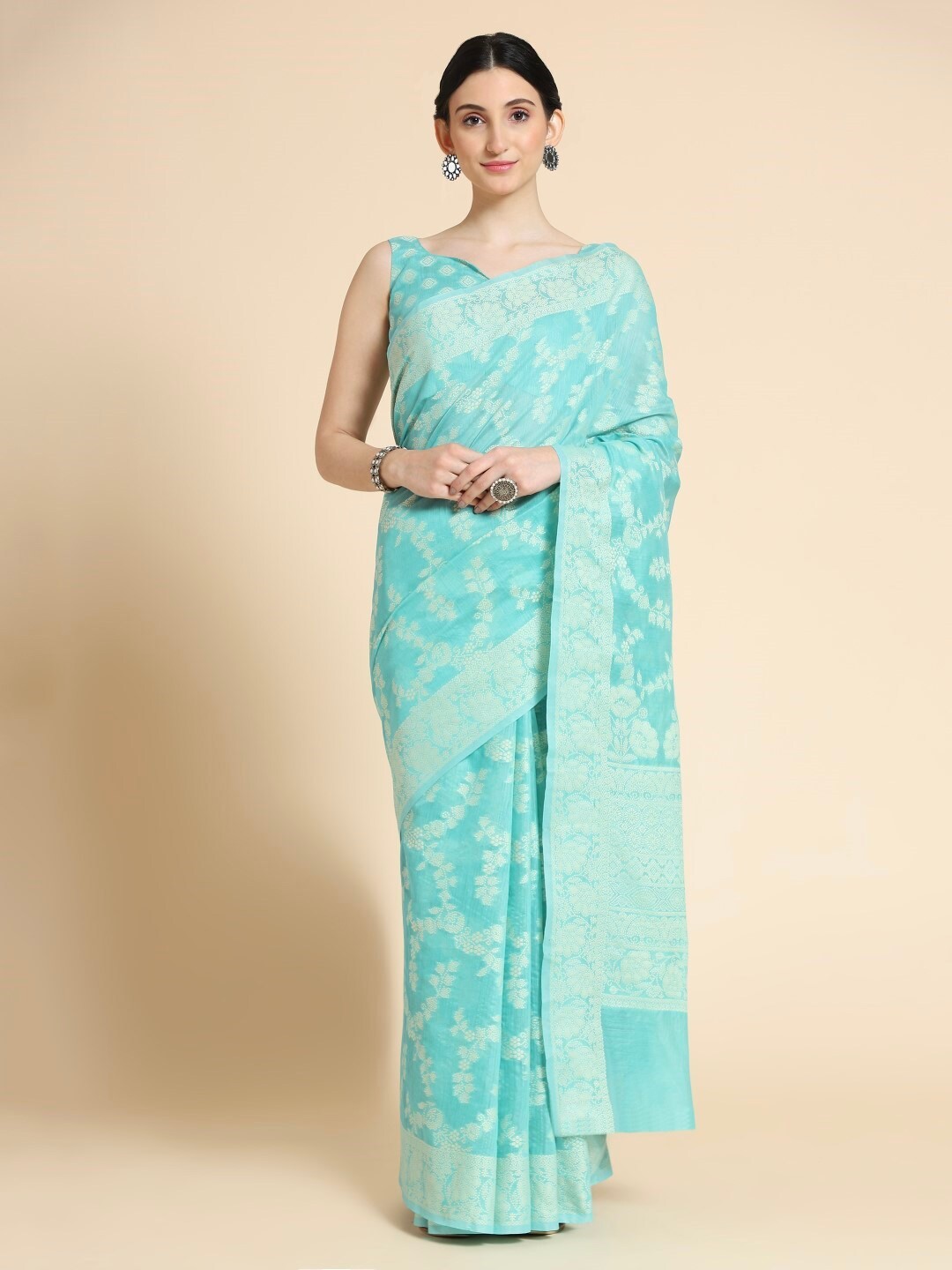 

VISHNU WEAVES Floral Woven Design Chikankari Pure Cotton Saree, Sea green