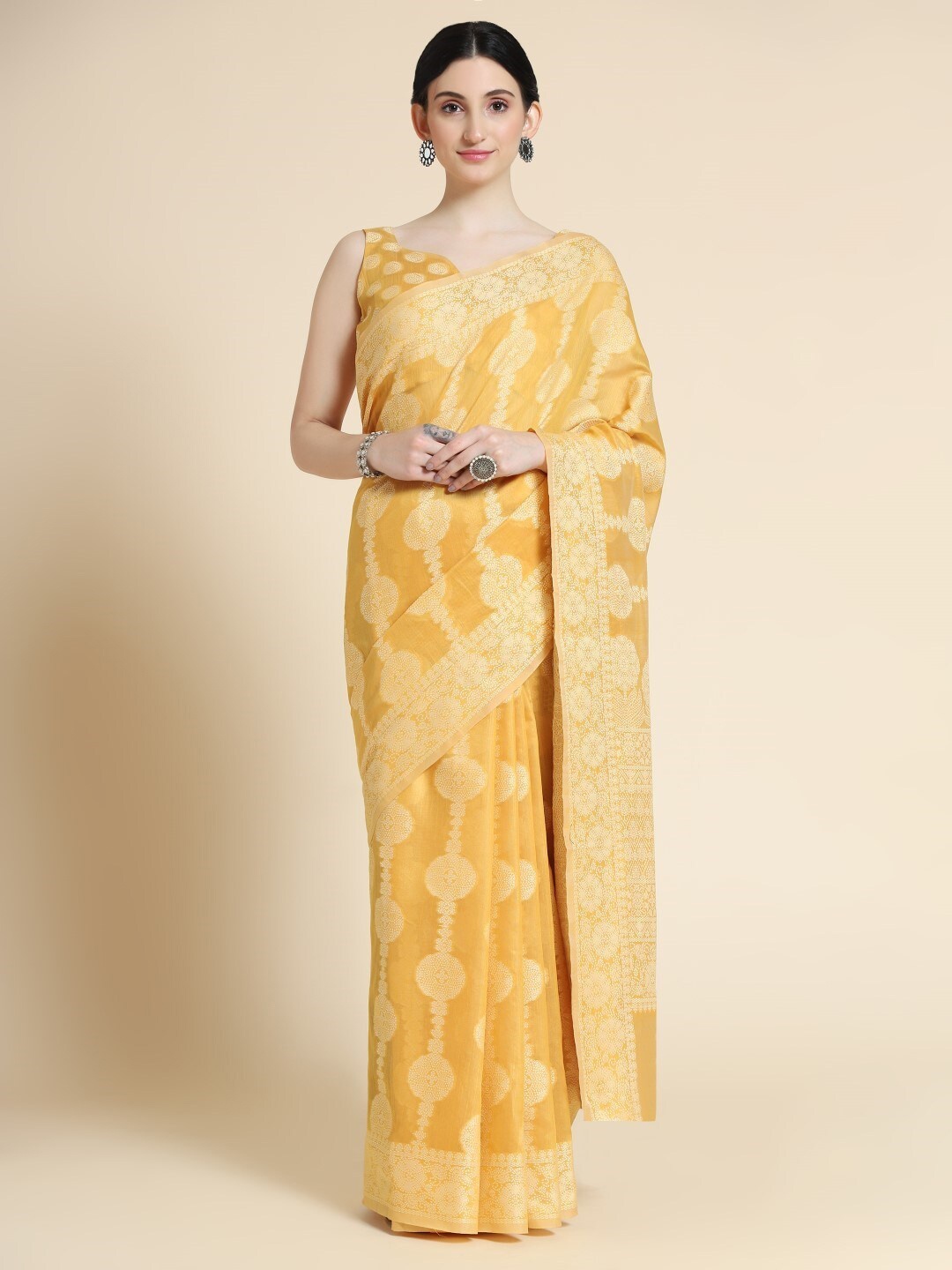 

VISHNU WEAVES Woven Design Chikankari Pure Cotton Saree, Yellow