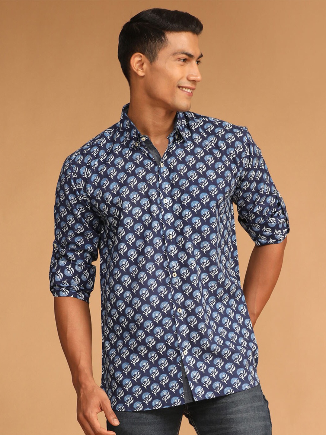 

VASTRAMAY Premium Ethnic Motifs Printed Cotton Casual Shirt, Blue