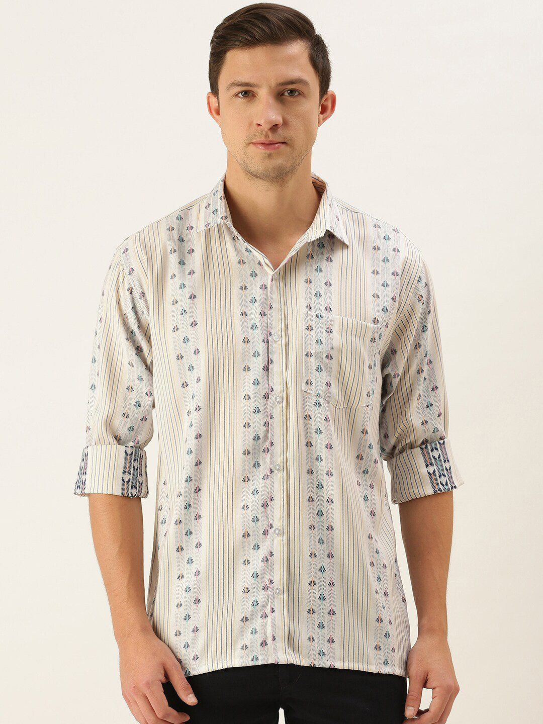 

VASTRAMAY Premium Printed Casual Cotton Shirt, Cream