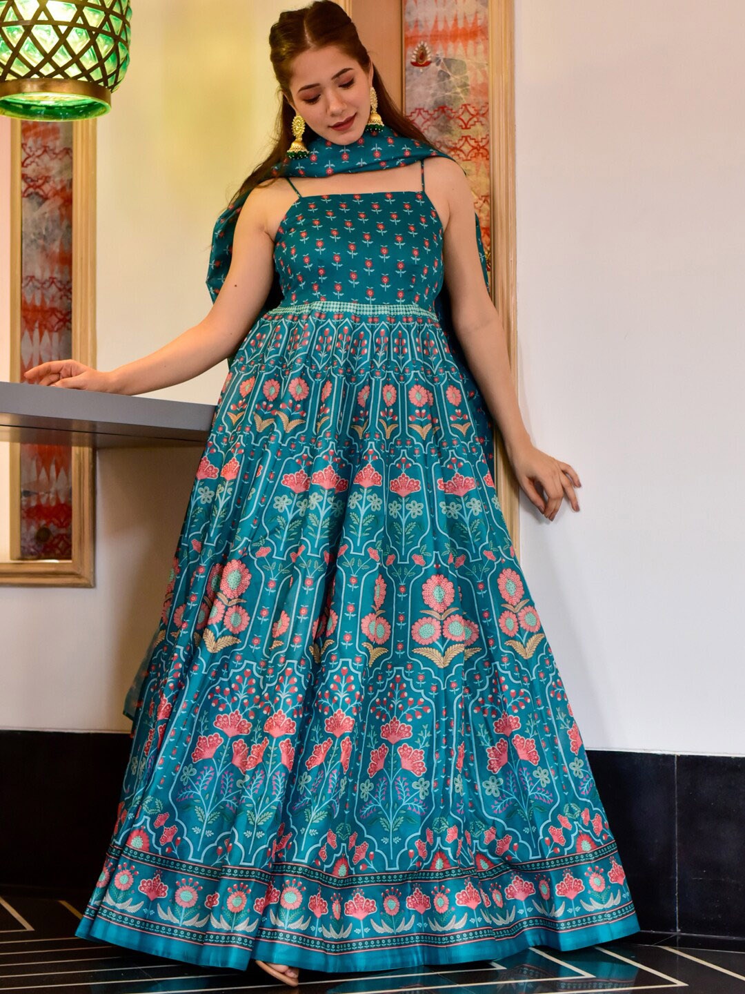 

Chhabra 555 Ethnic Motif Printed Cotton Anarkali Kurta With Dupatta, Teal