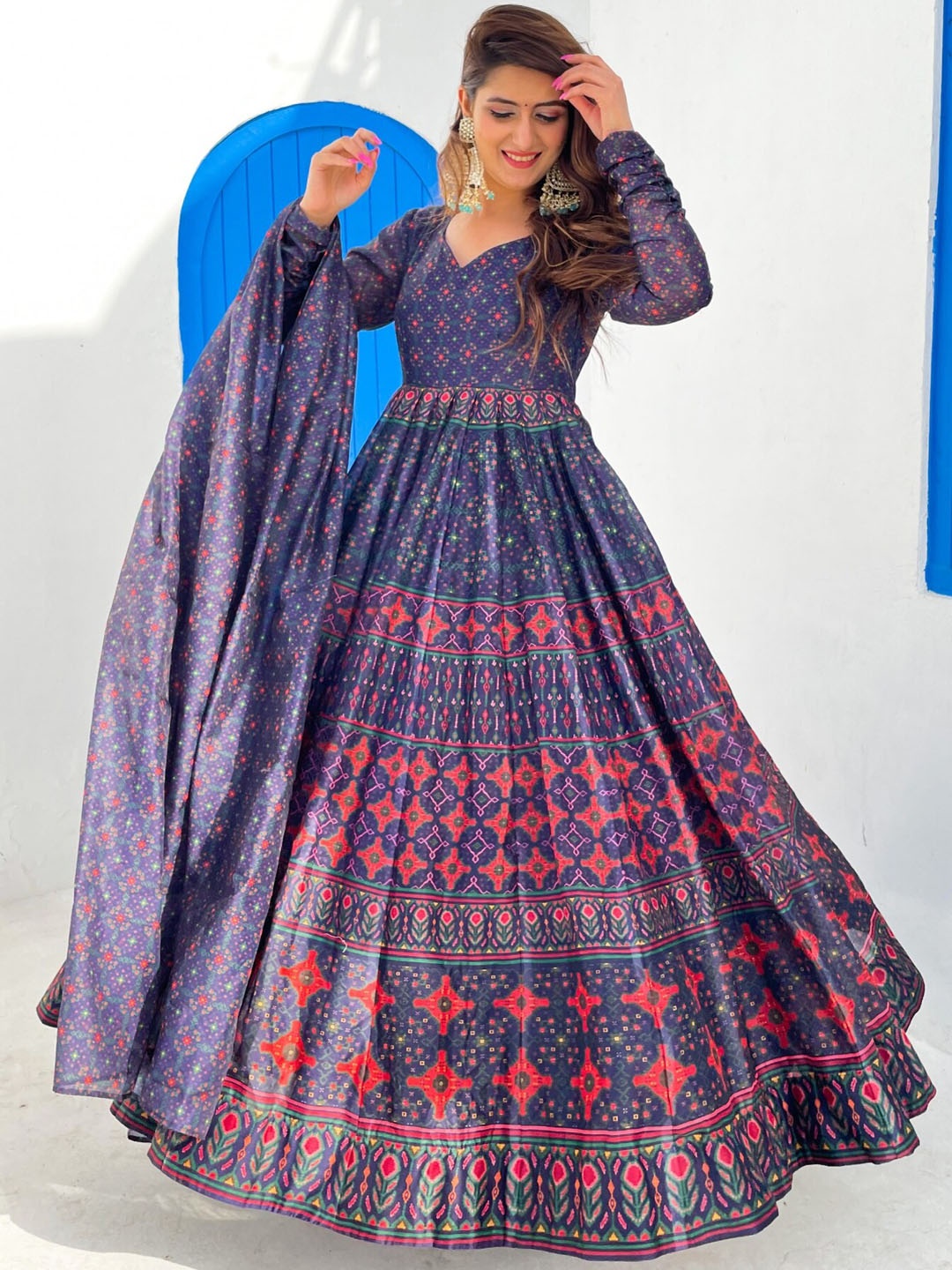 

Chhabra 555 Printed Semi-Stitched Dress Material, Navy blue