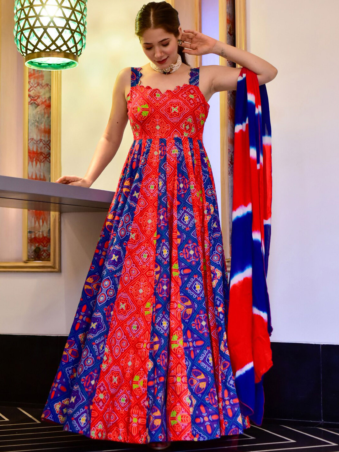 

Chhabra 555 Bandhani Printed Cotton Anarkali Kurta With Dupatta, Red