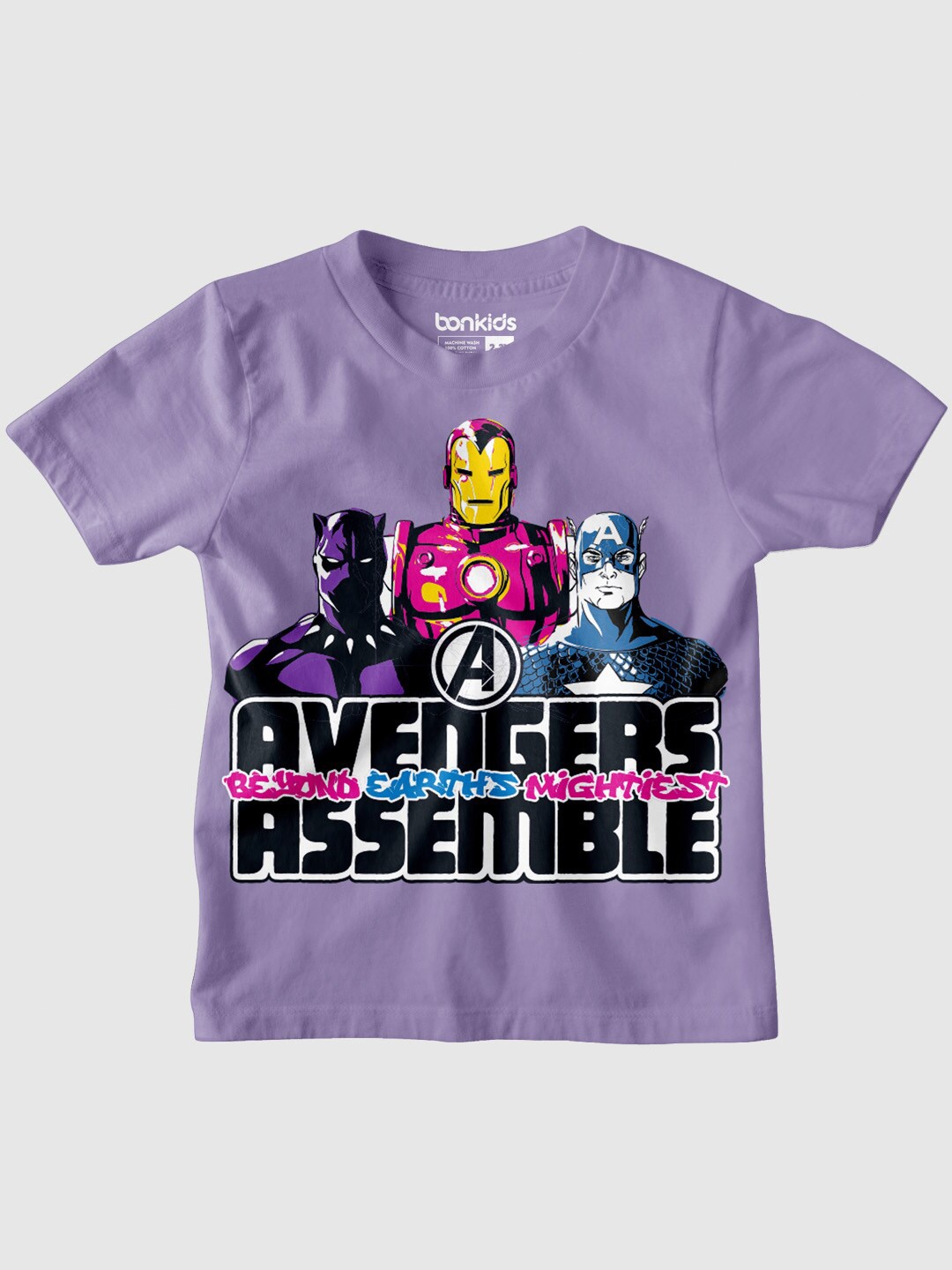 

BONKIDS Boys Marvel Comic Printed Round Neck Cotton T-shirt, Lavender