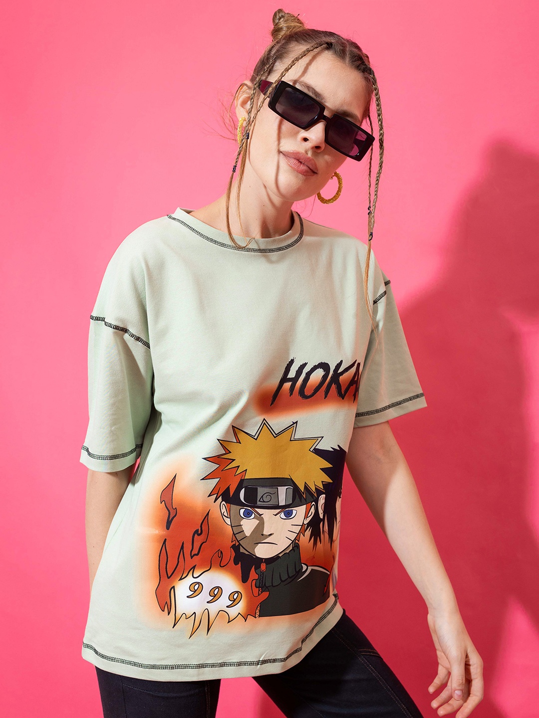 

Stylecast X Hersheinbox Women Naruto Printed Drop-Shoulder Sleeves T-shirt, Green