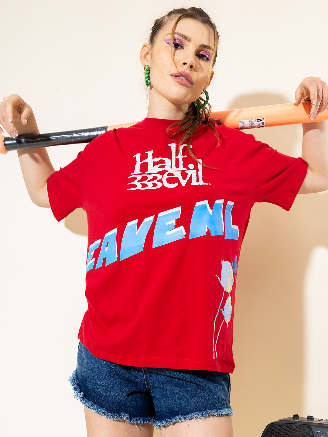 

Stylecast X Hersheinbox Round Neck Graphic Printed Relaxed Fit Cotton Longline T-shirt, Red
