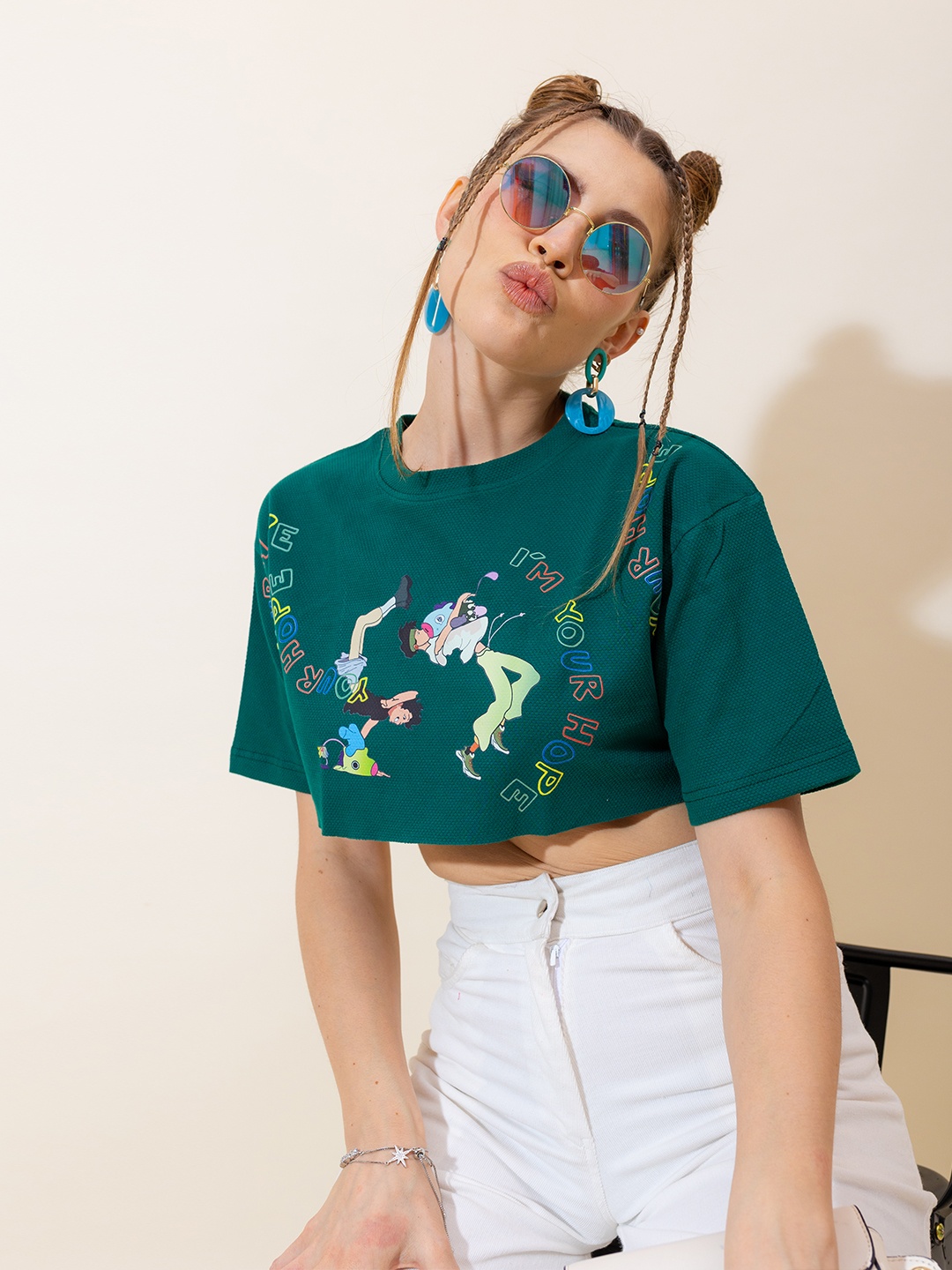 

Stylecast X Hersheinbox Graphic Printed Drop-Shoulder Sleeves Pure Cotton T-shirt, Green
