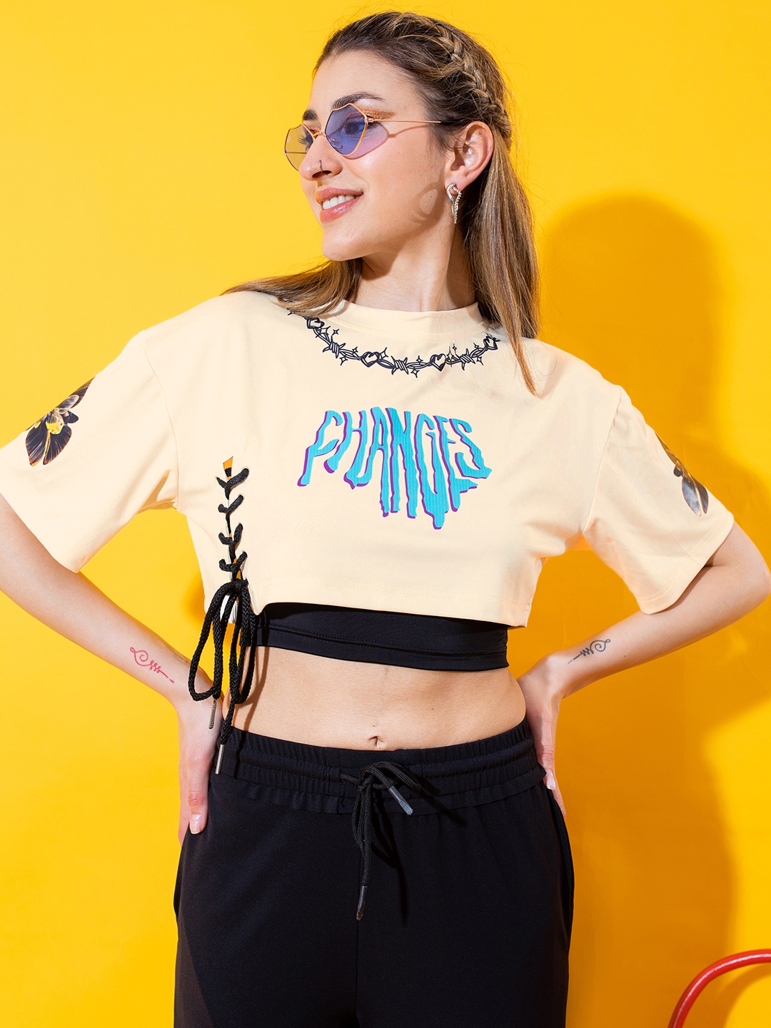 

Stylecast X Hersheinbox Printed Lace-Up Detail Boxy Crop Top With Camisole, Cream
