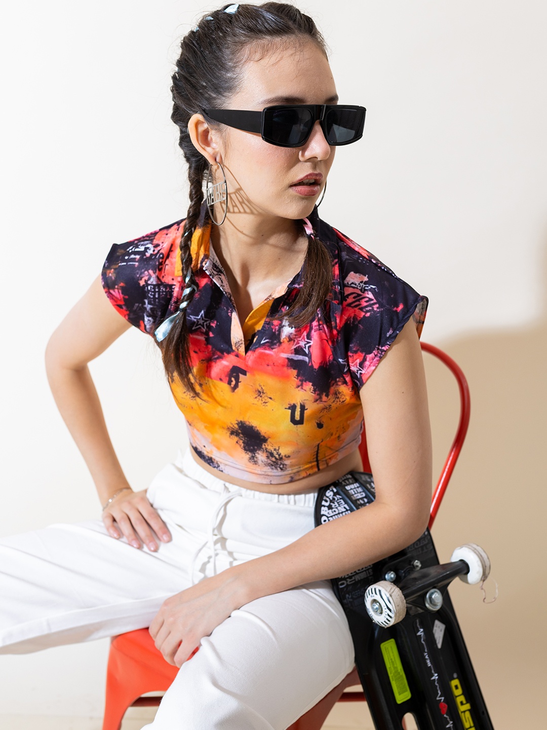 

Stylecast X Hersheinbox Graphic Printed Polo-Collar Crop Top, Mustard