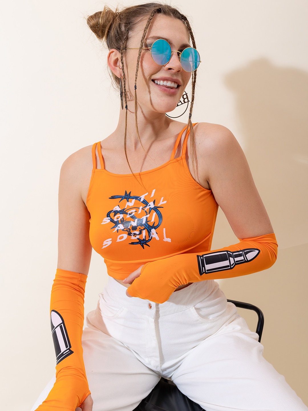 

Stylecast X Hersheinbox Graphic Print Shoulder Straps Crop Top With Thumbhole Gloves, Orange