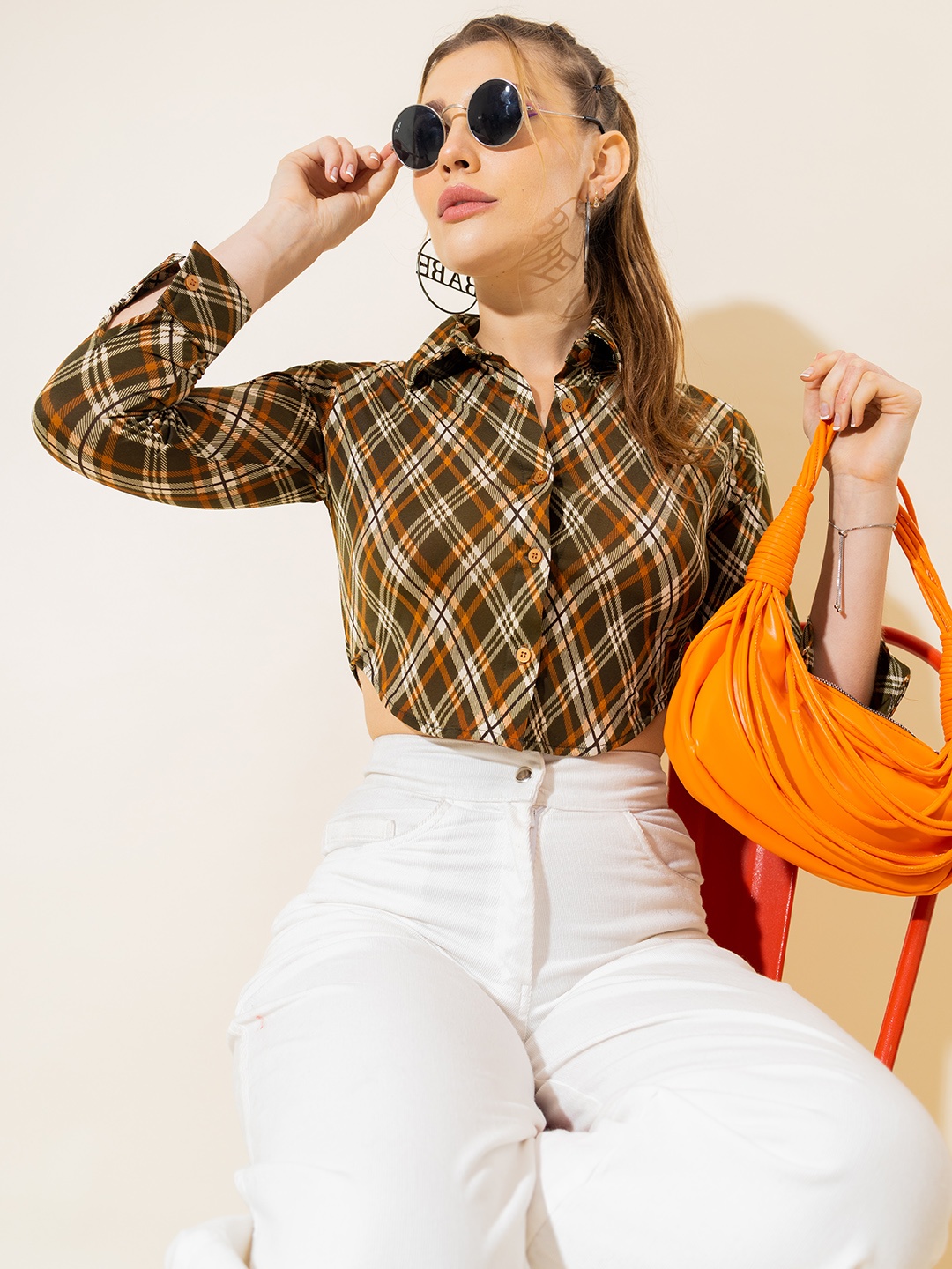 

Stylecast X Hersheinbox Slim Fit Checked Casual Crop Shirt, Olive