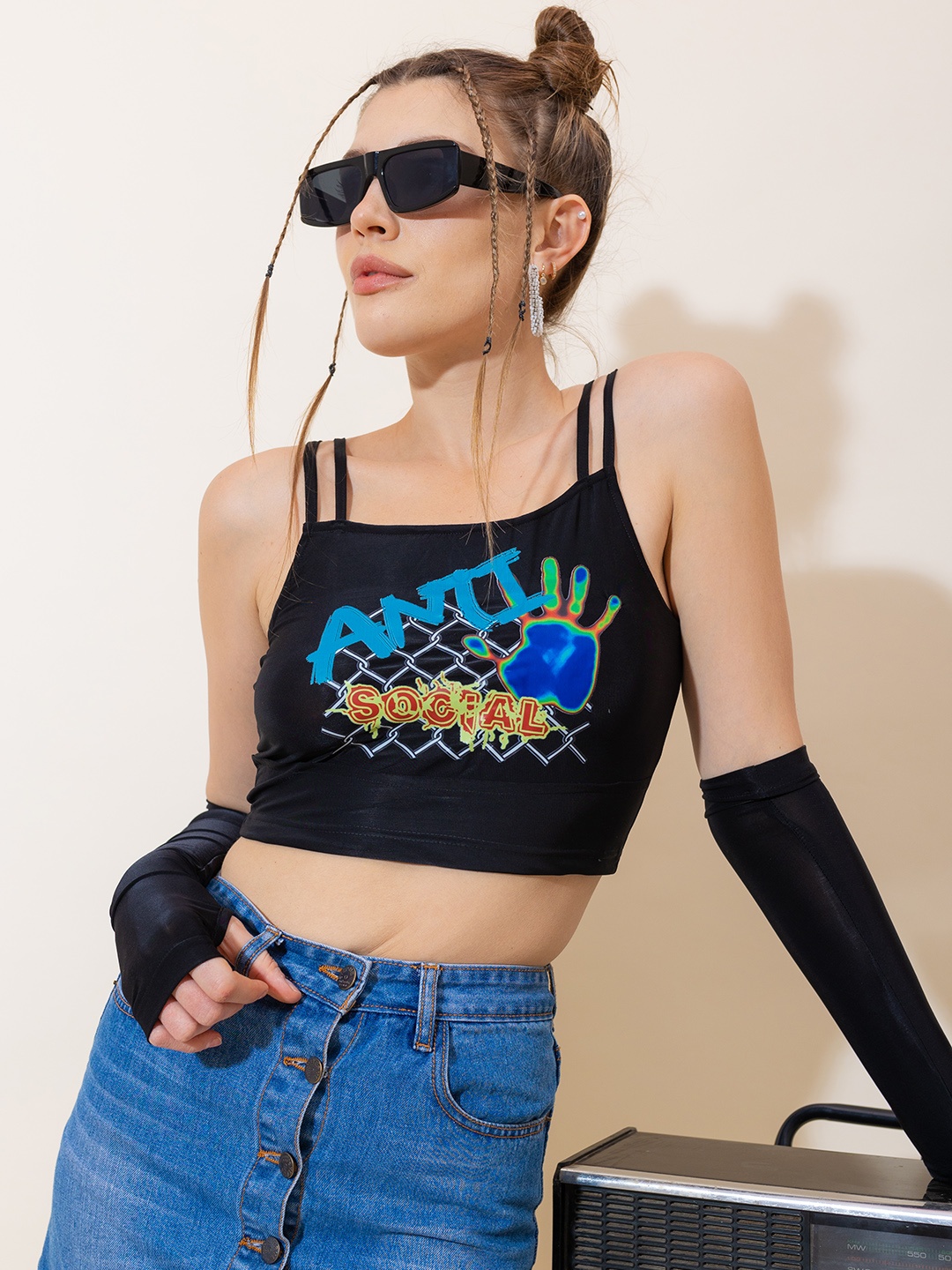 

Stylecast X Hersheinbox Graphic Printed Crop Top Comes With Arm Sleeves Gloves, Black