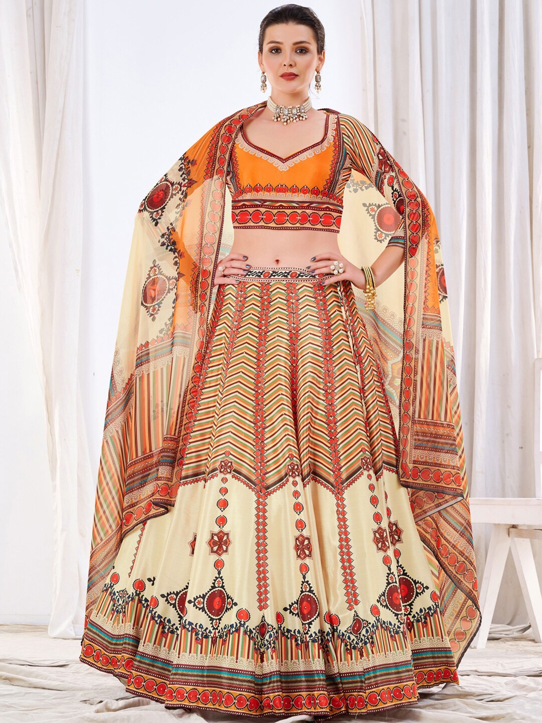 

Chhabra 555 Embellished Kalidar Lehenga Choli With Chevron Printed & Chiffon Dupatta, Cream