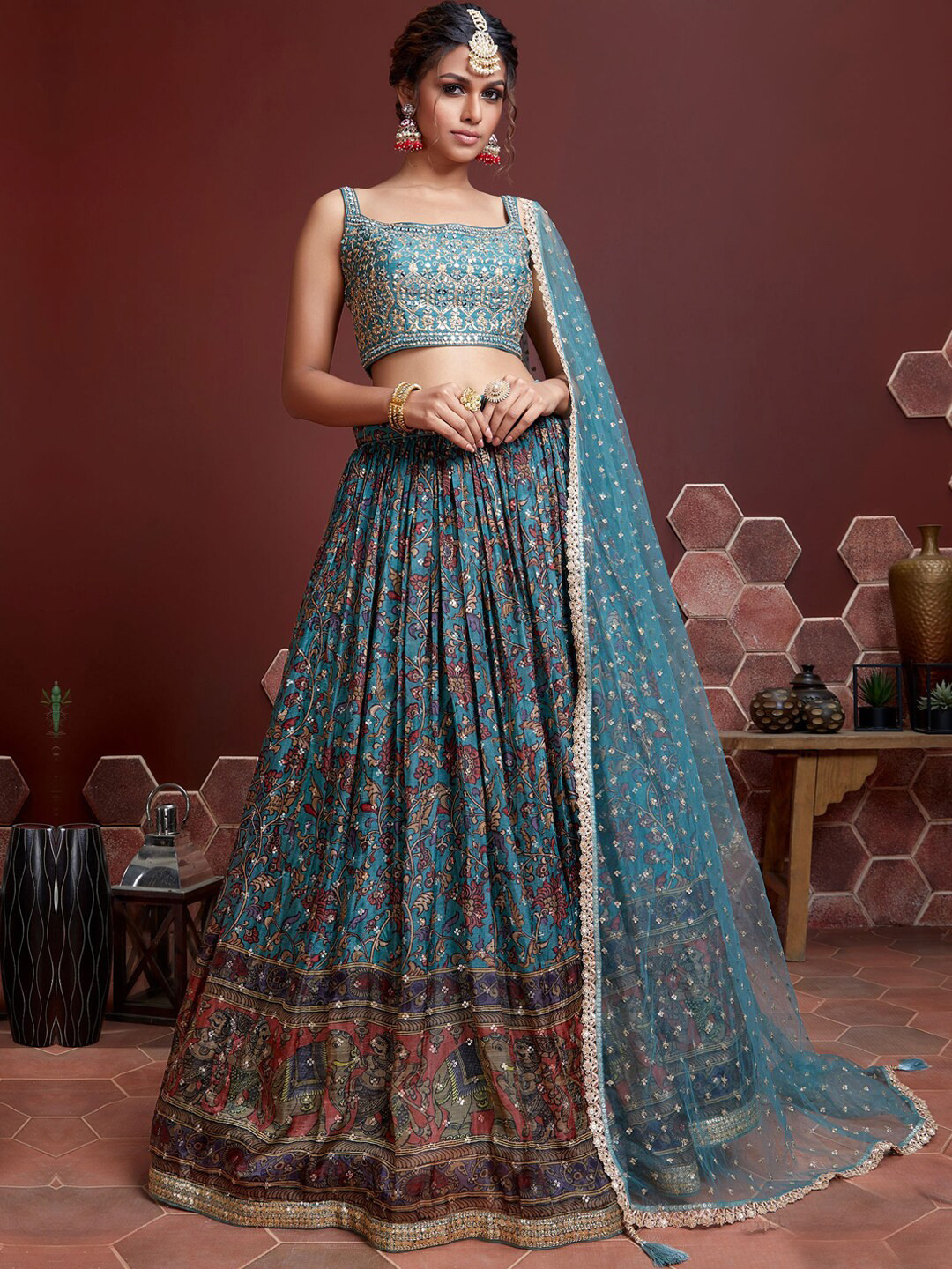 

Chhabra 555 Kalamkari Printed Lehenga With Zardozi Embroidered Blouse & Sequinned Dupatta, Blue