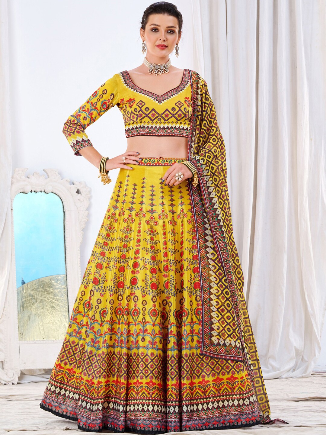 

Chhabra 555 Embellished Kalidar Lehenga Choli With Digital Printed Dupatta, Yellow