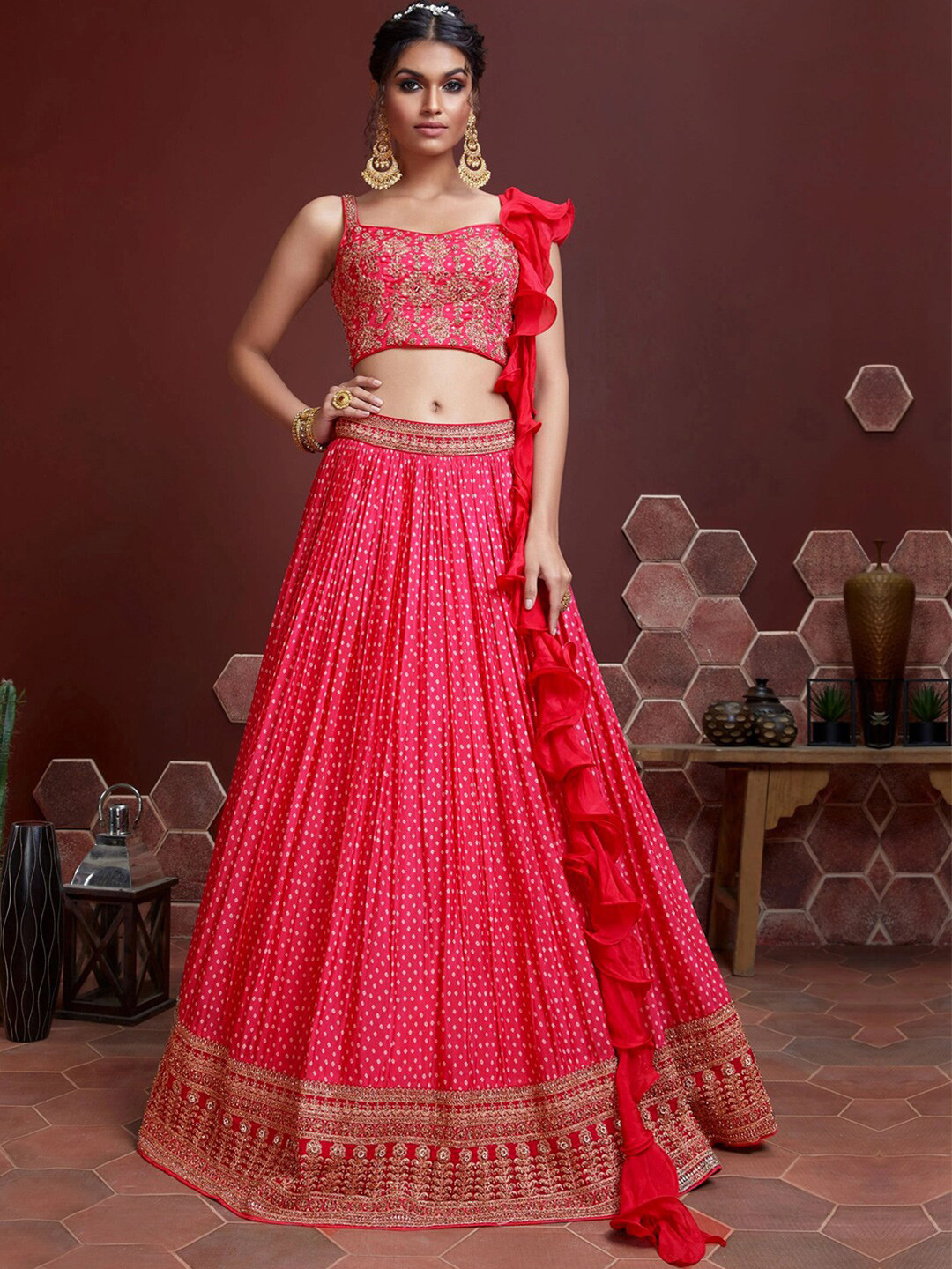 

Chhabra 555 Bandhani Printed Lehenga With Zardozi & Kundan Embroidered Blouse & Ruffled Dupatta, Magenta