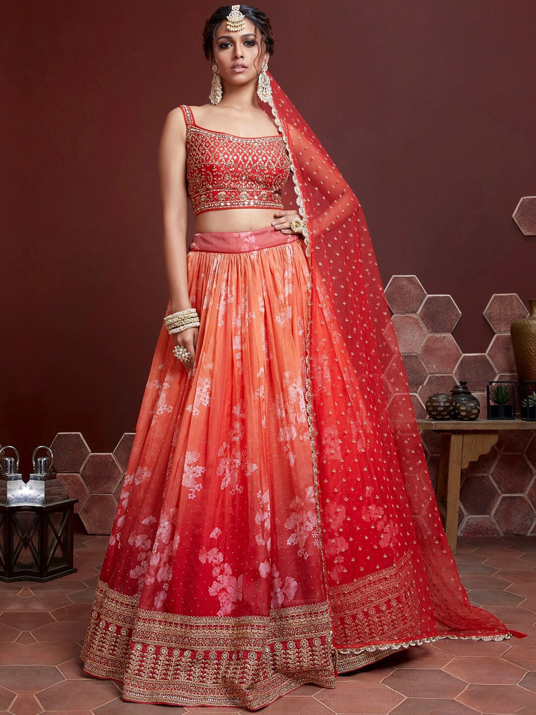 

Chhabra 555 Floral Printed Lehenga With Zardozi Embroidered Blouse & Sequinned Dupatta, Orange