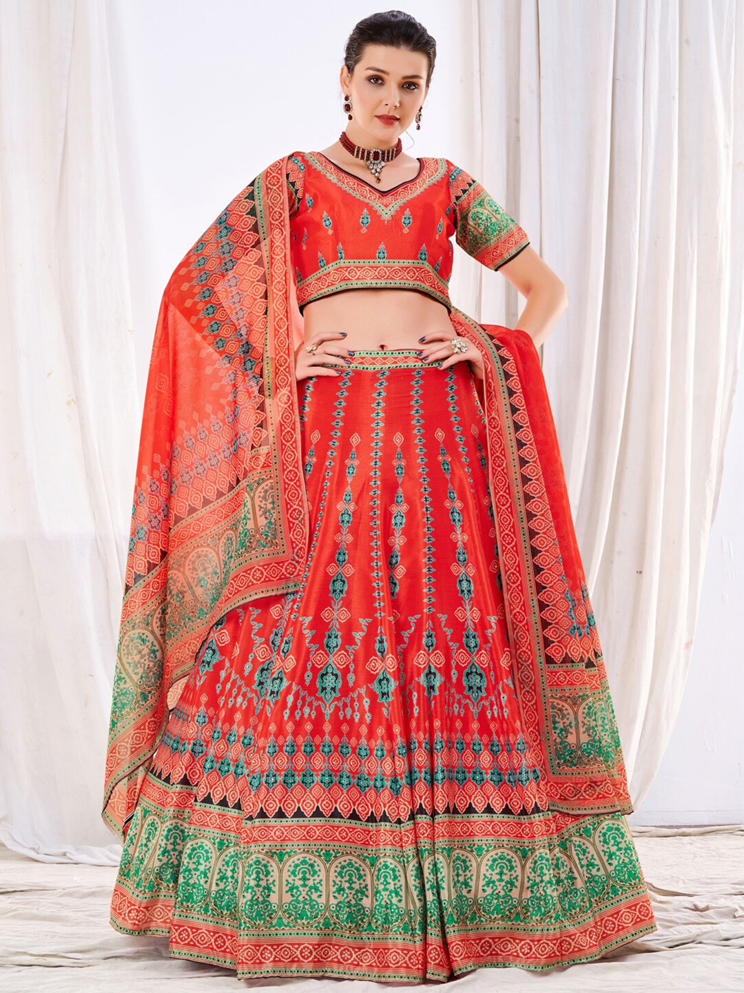 

Chhabra 555 Embellished Kalidar Lehenga With Floral Digital Printed & Chiffon Dupatta, Red