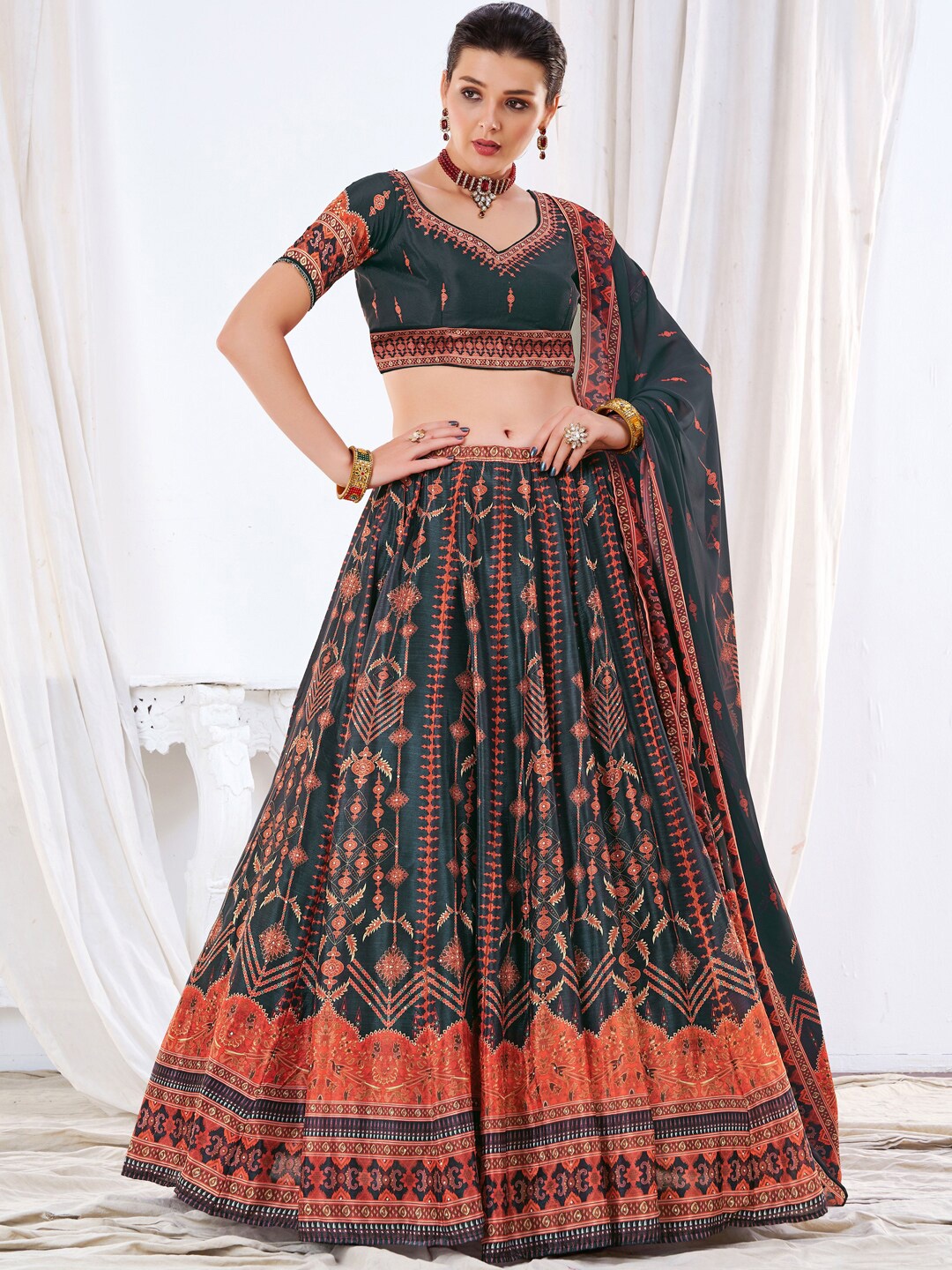 

Chhabra 555 Embellished Kalidar Lehenga Choli With Tribal Inspired Digital Printed & Chiffon Dupatta, Black