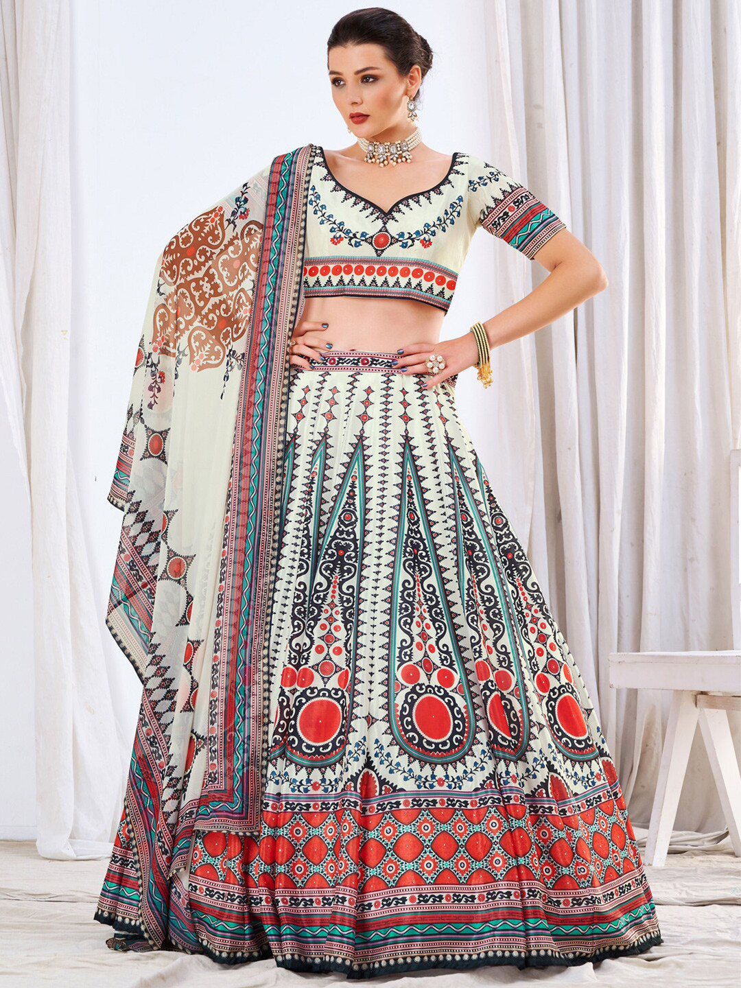 

Chhabra 555 Embellished Kalidar Lehenga Choli With Tribal Inspired Digital Printed & Chiffon Dupatta, Off white