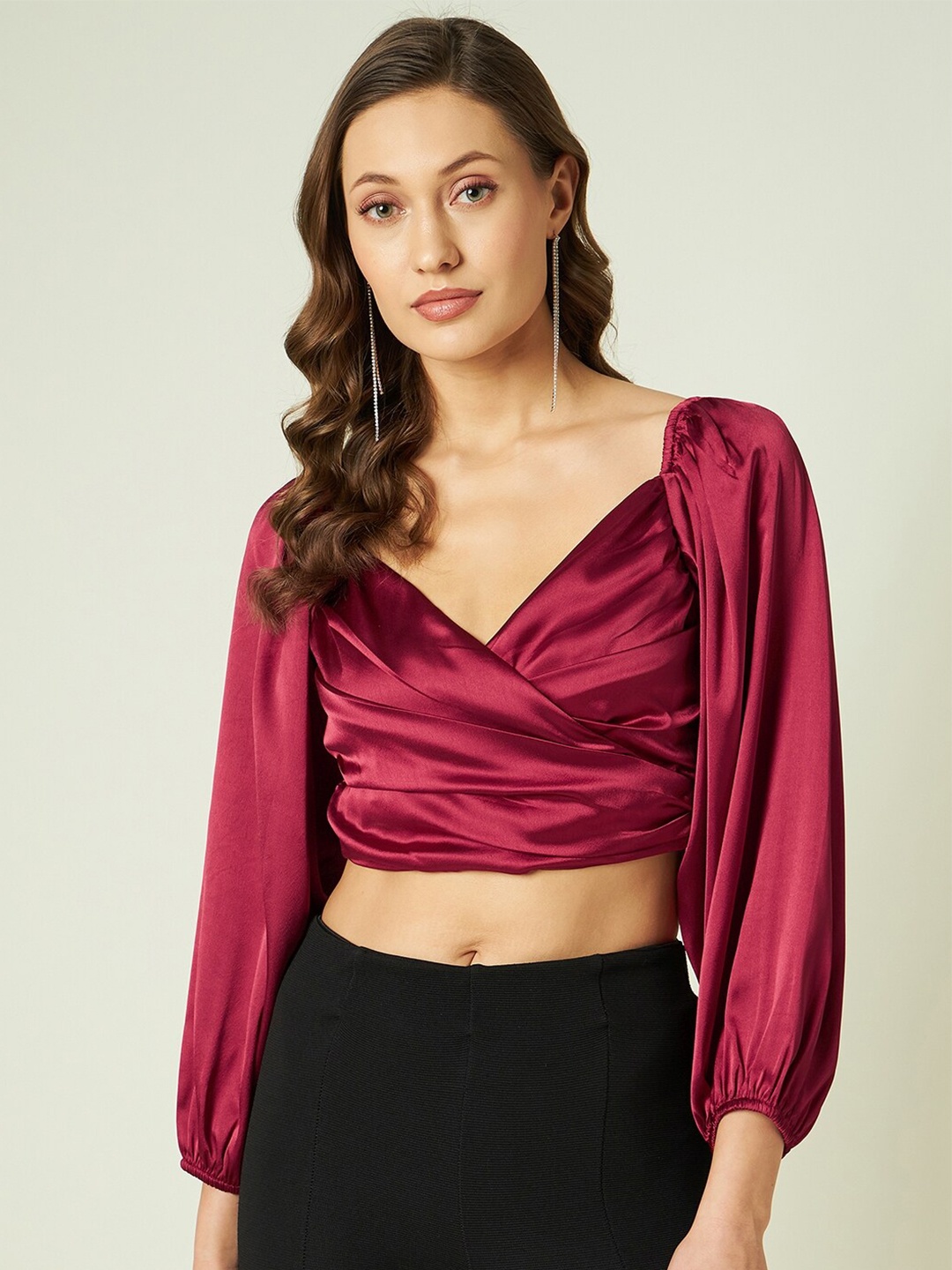 

JUNE & HARRY V-Neck Puff Sleeves Wrap Crop Satin Top, Maroon