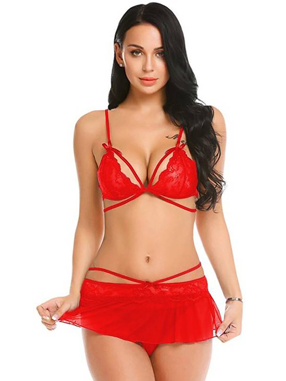 

AROUSY 2 Piece Net Baby Doll, Red