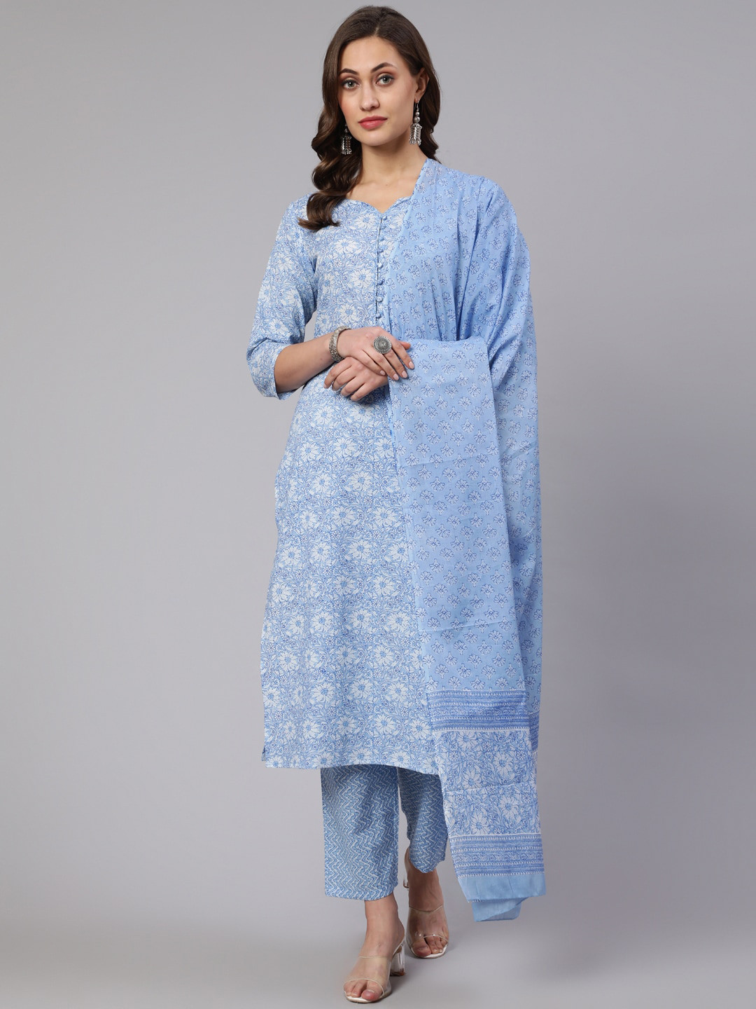 

THE NKS PLUS Floral Printed Pure Cotton Kurta with Trousers & Dupatta, Blue