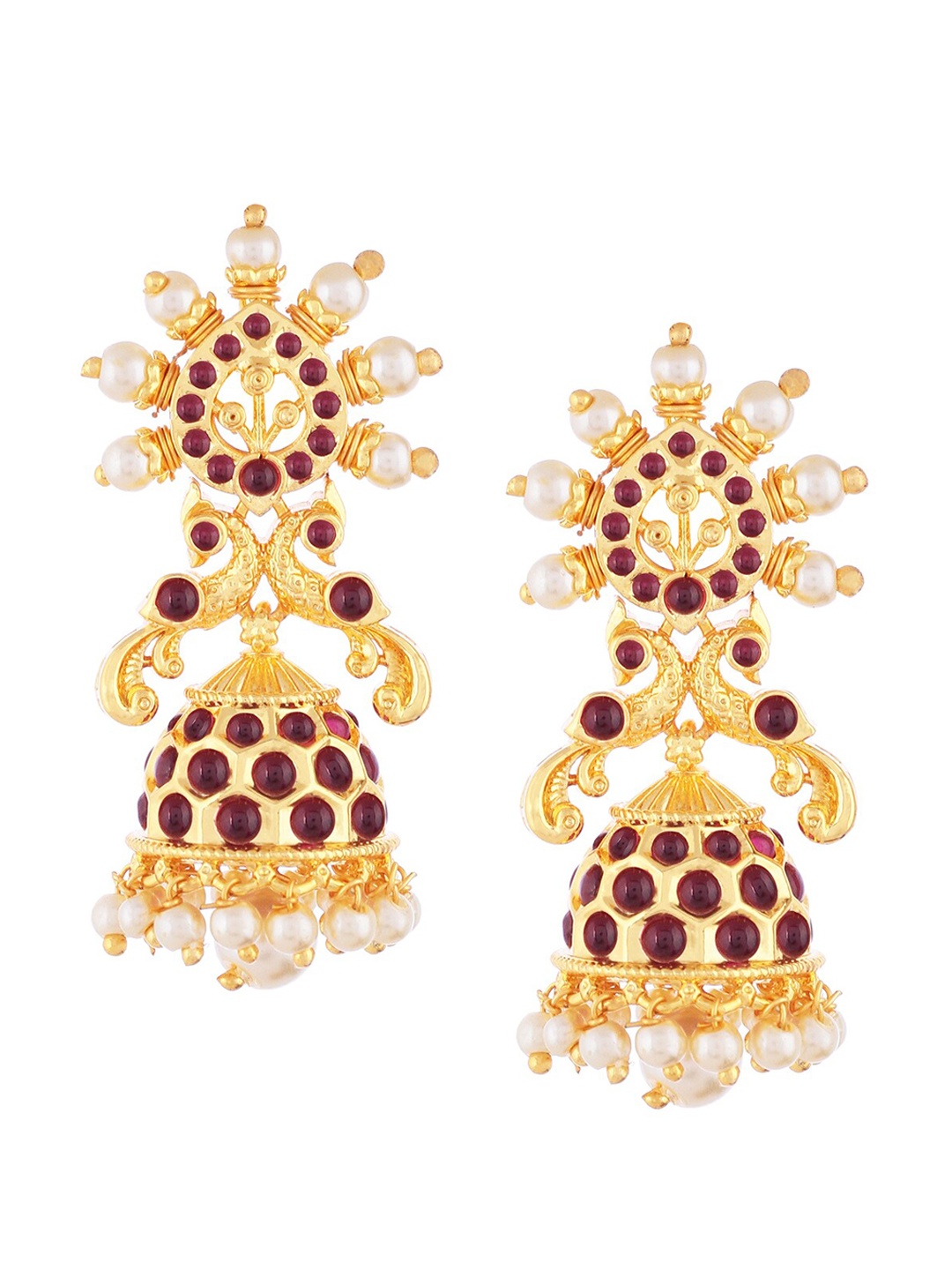 

Mallepula Gold-Plated Dome Shaped Jhumkas Earrings, Maroon