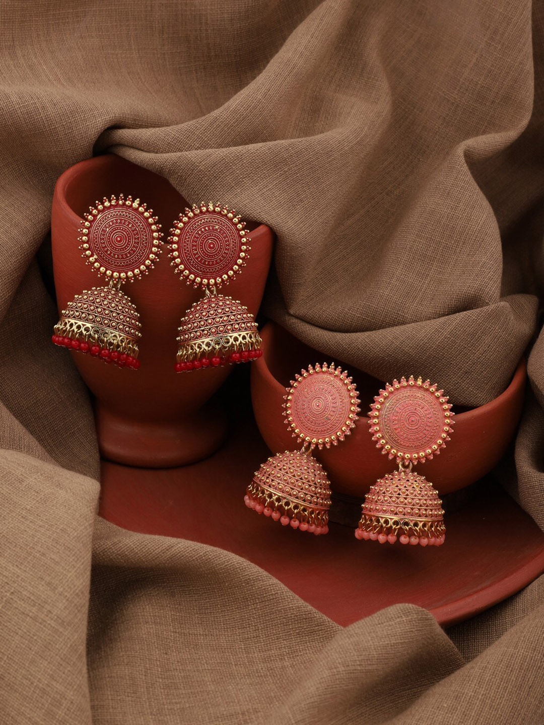 

Vita Bella Set of 2 Gold-Plated Dome Shaped Jhumkas, Peach