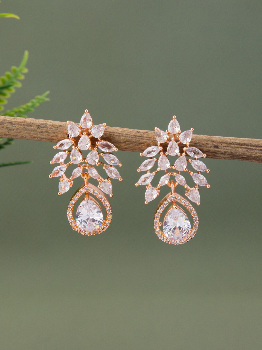 

Vita Bella Rose Gold Plated Contemporary Stone Studded Drop Earrings, White
