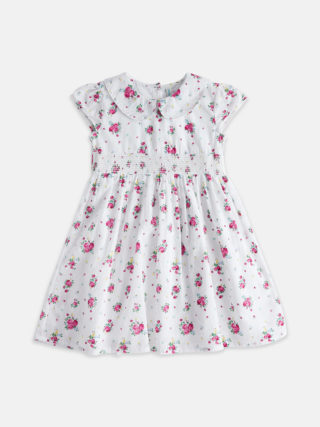 

Pantaloons Junior Girls Peter Pan Collar Floral Printed A-Line Cotton Dress, Off white