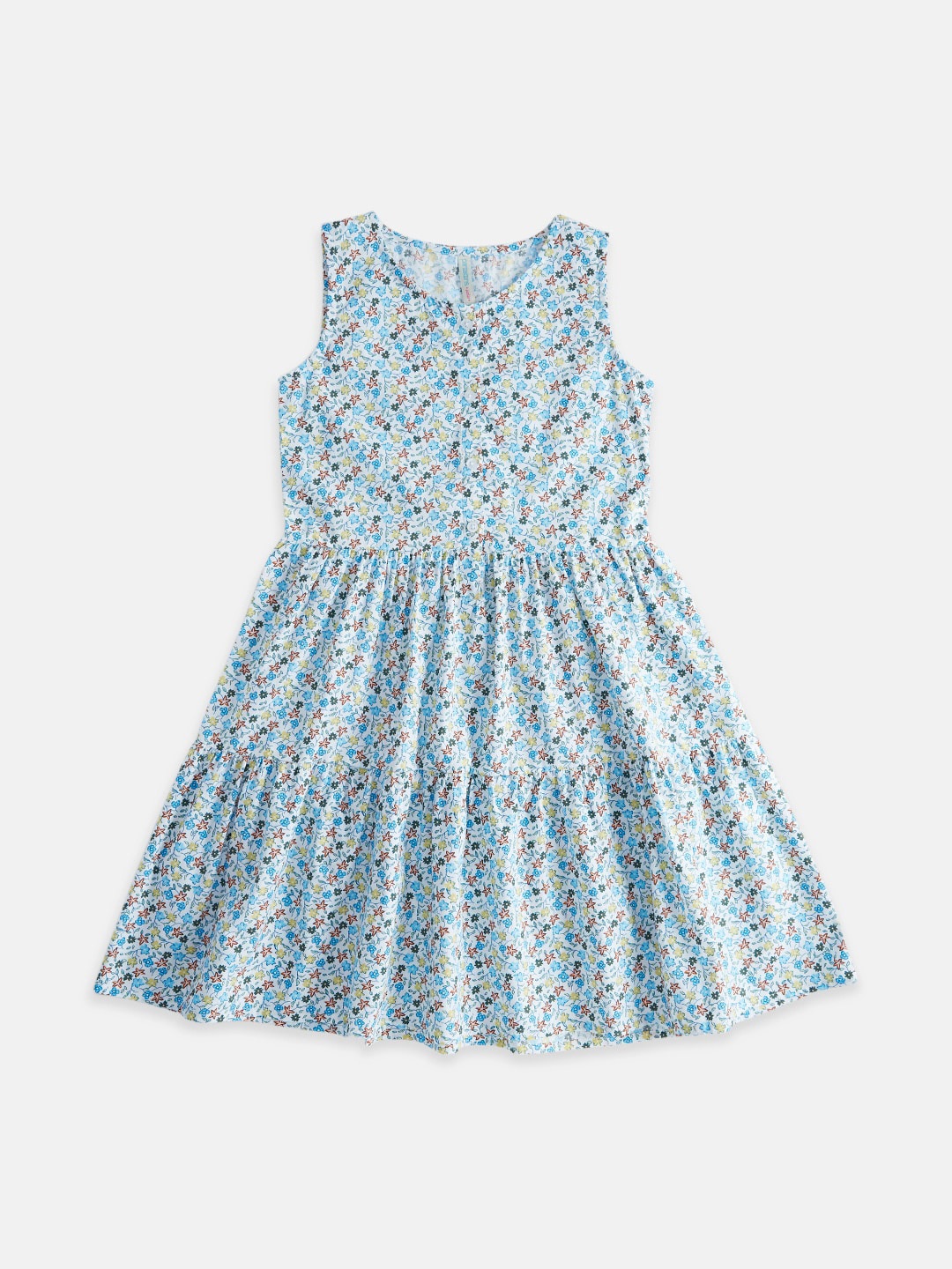 

Pantaloons Junior Girls Round Neck Floral Printed Tiered Cotton A-Line Dress, White