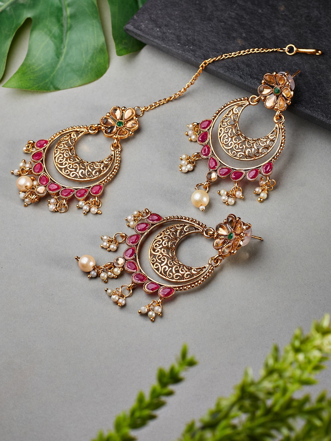 

ATIBELLE Copper-Plated Floral Maroon Stone-Studded Maang Tika-Earrings Set