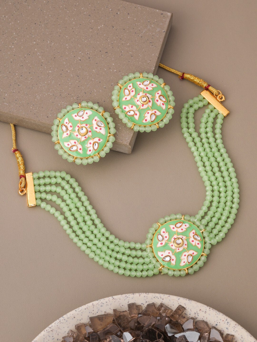 

Vita Bella Gold-Plated Stone-Studded & Beaded Jewellery Set, Green