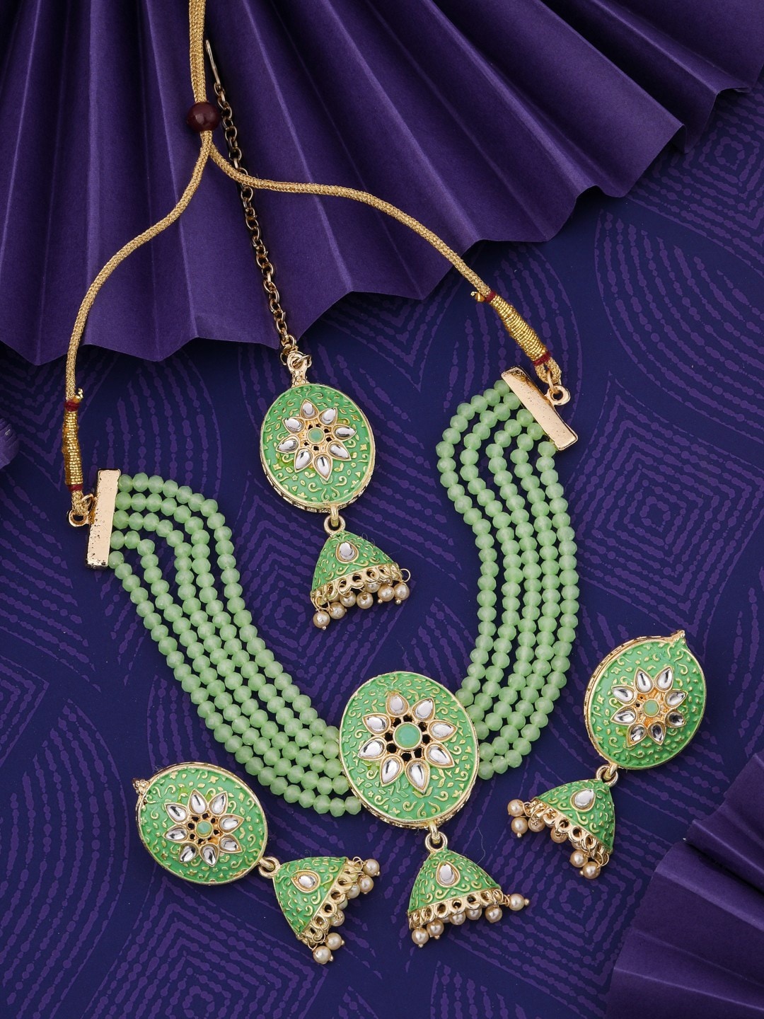 

Vita Bella Gold-Plated Stone-Studded & Pearls Beaded Jewellery Set, Green
