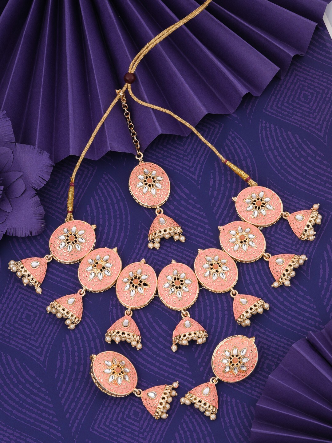 

Vita Bella Gold-Plated Stone-Studded & Pearls Beaded Jewellery Set, Pink