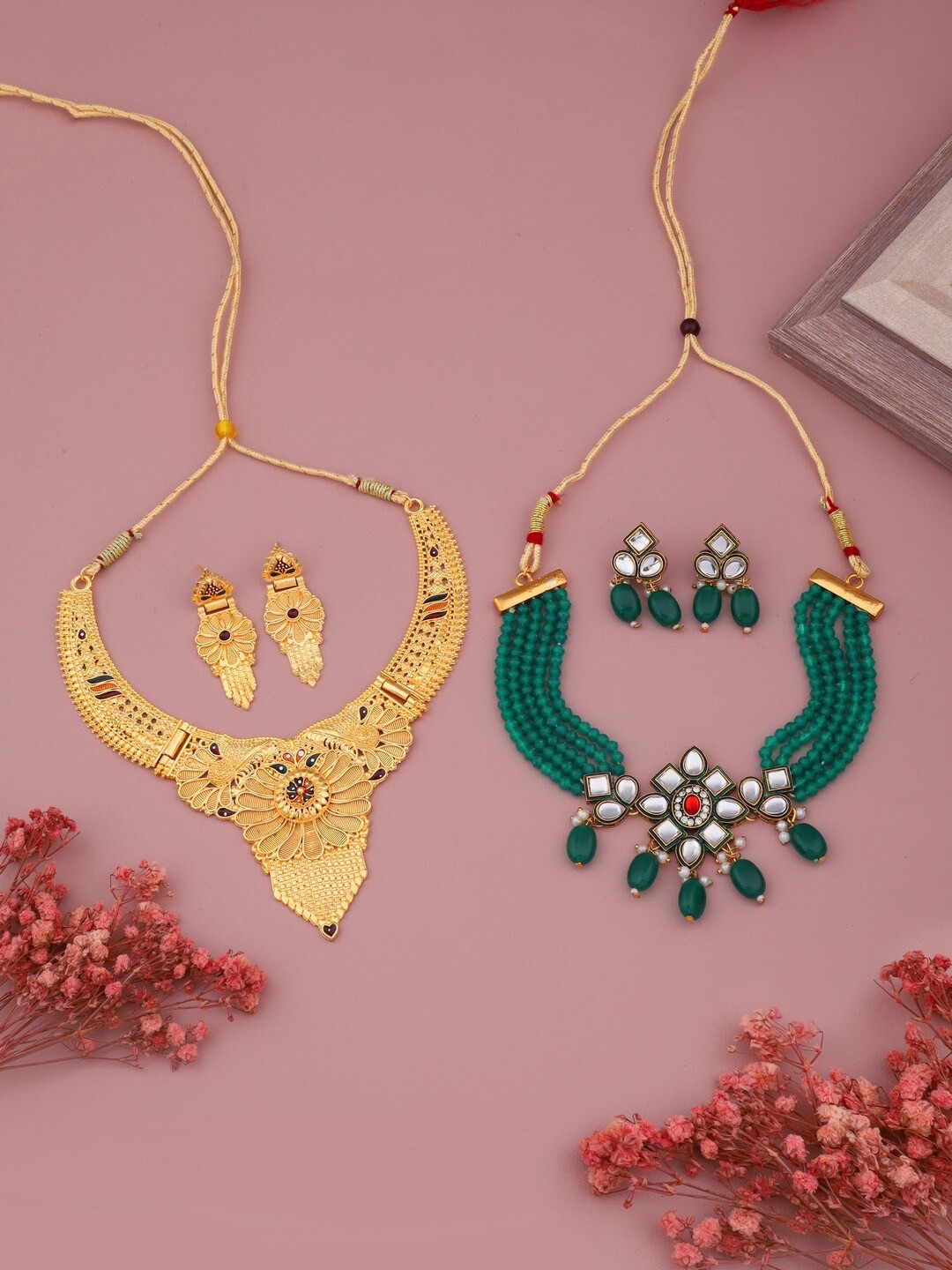 

Vita Bella Women Set Of 2 Gold Plated Pearl Stone Necklace Jewellery Set