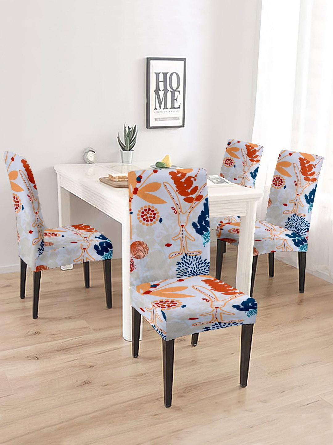 

Cortina White & Orange 4 Pieces Printed Super Stretchable Chair Covers