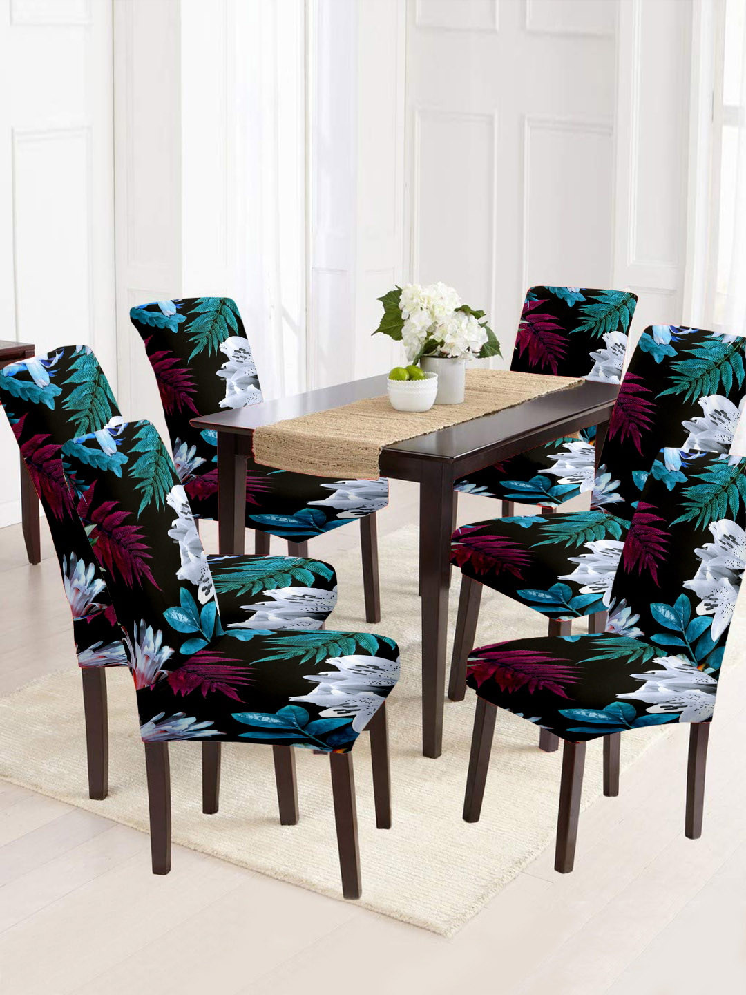 

Cortina Black & Blue 6 Pcs Leaf Printed Super Stretchable Chair Covers