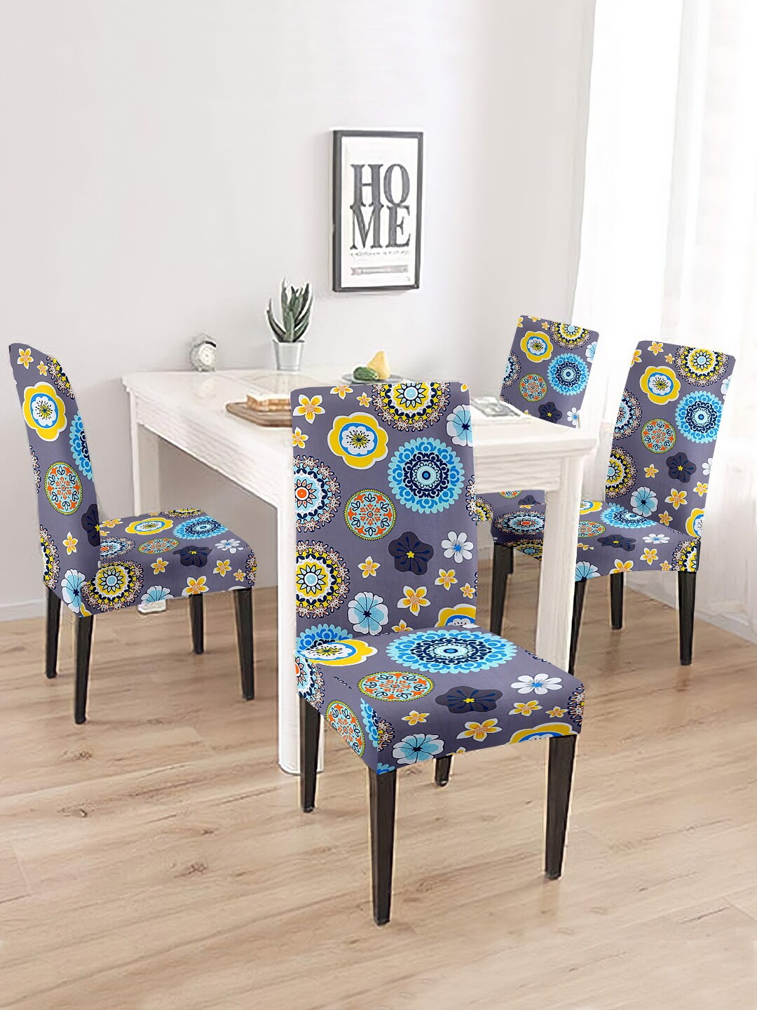 Cortina Grey & Blue 4 Pcs Floral Printed Super Stretchable Chair Covers
