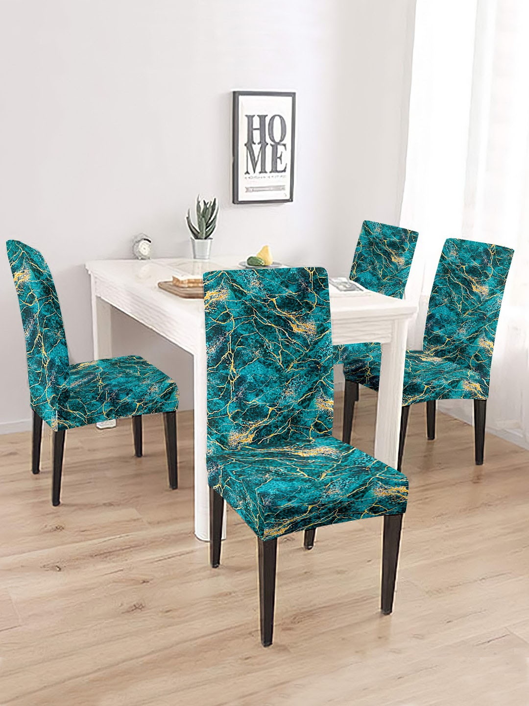 

Cortina Teal Green & Gold Toned 4 Pcs Abstract Printed Super Stretchable Chair Covers