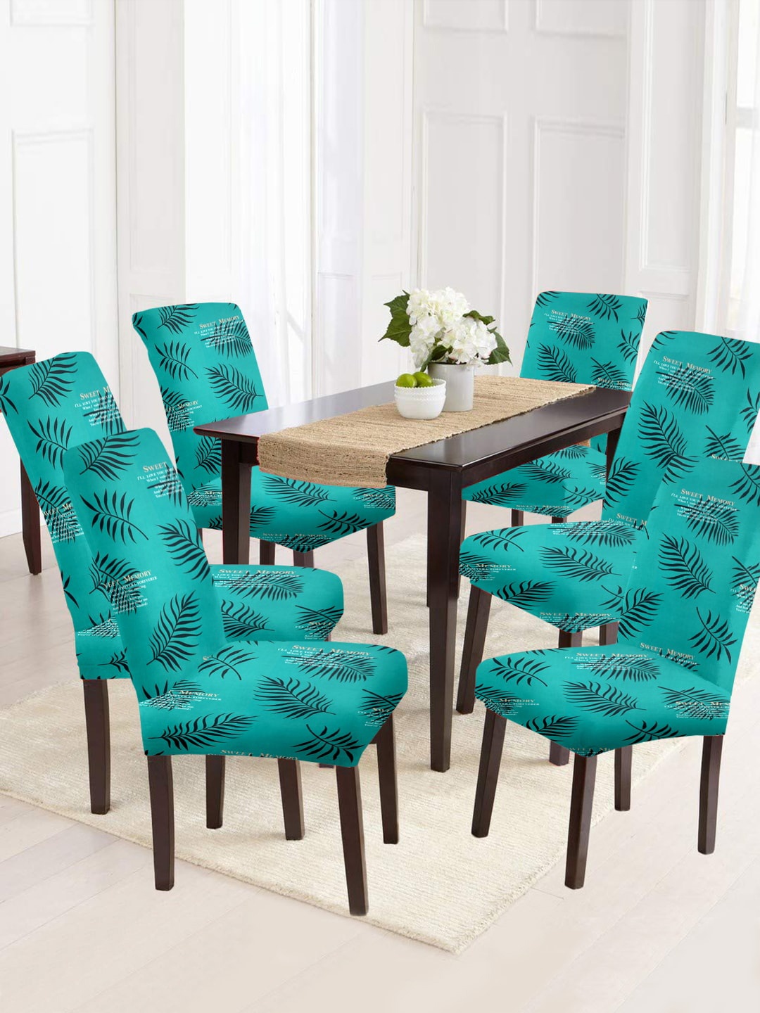 

Cortina Teal Green & Black 6 Pcs Leaf Printed Super Stretchable Chair Covers