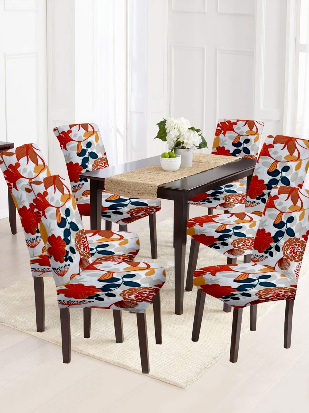 

Cortina White & Orange 6 Pcs Floral Printed Super Stretchable Chair Covers